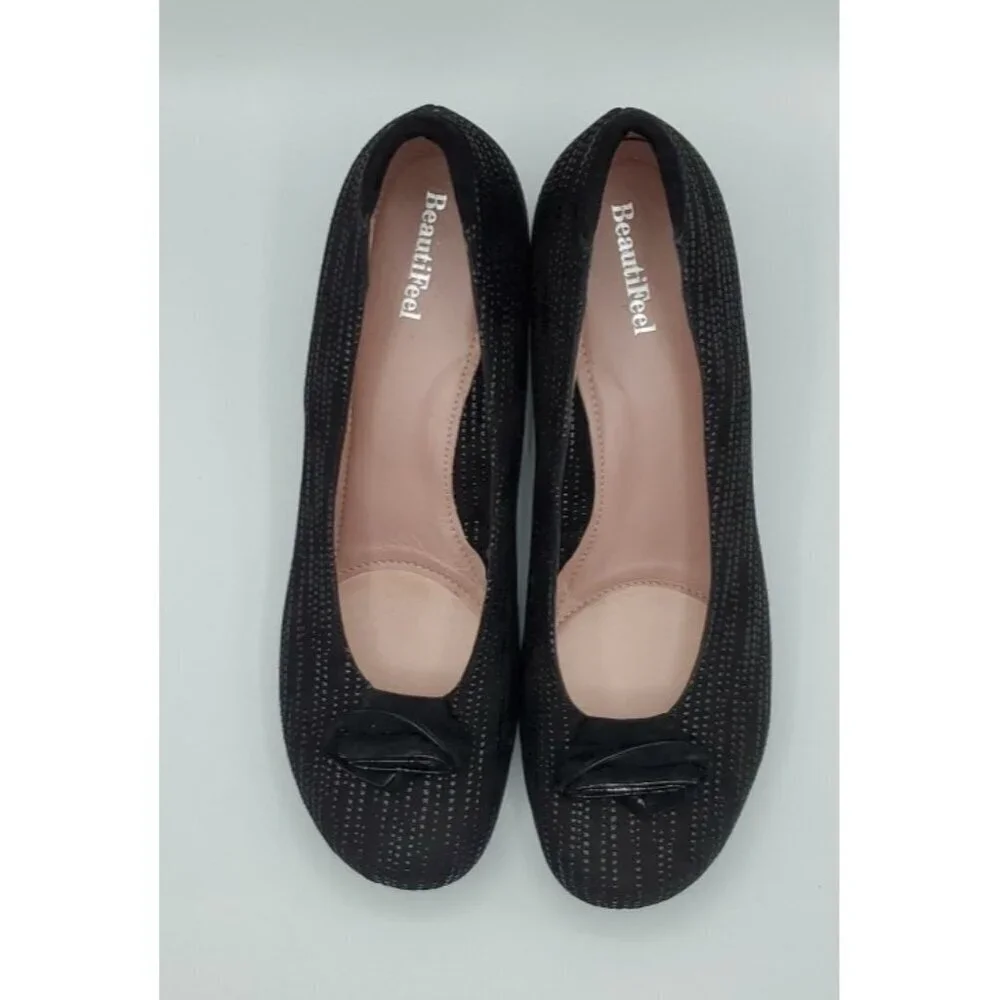 BeautiFeel Dona Pump Black Trateggio Suede 40.5 Floral Rosette Comfort Low Heel